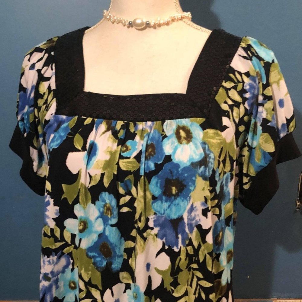 Floral Print Blouse ~ Square-Neck ~ Beaded Trim